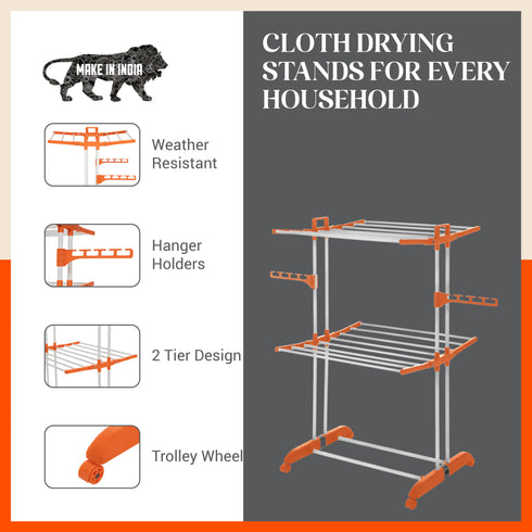 Bathla Mobidry Terra 2 Level Steel Modular Cloth Drying Stand For Home (Orange - Medium) Made in India